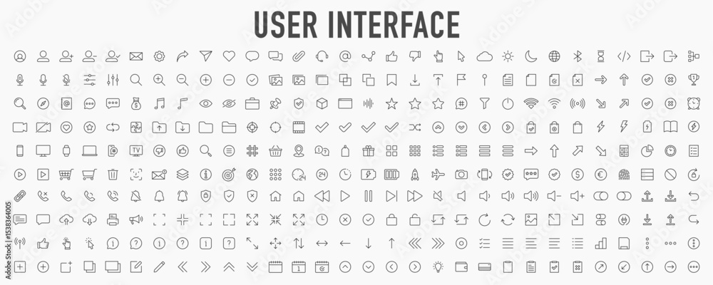 Poster user interface ui, ux web icons in line style. user, profile, message, mobile app, document file, so