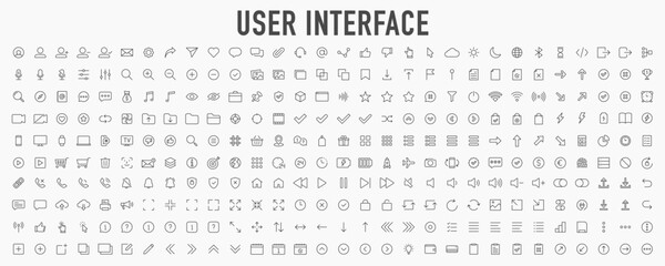 User Interface ui, ux web icons in line style. User, profile, message, mobile app, document file, social media, button, home, chat, arrow, collection. Vector illustration.