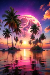 Surreal Pink Sunset Dreamlike Island Paradise with Palm Trees and Giant Moon