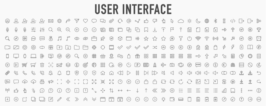 User Interface ui, ux web icons in line style. User, profile, message, mobile app, document file, social media, button, home, chat, arrow, collection. Vector illustration.