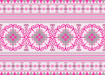 Pink background with abstract Hmong embroidery cross stitch lanna oriental seamless pattern .