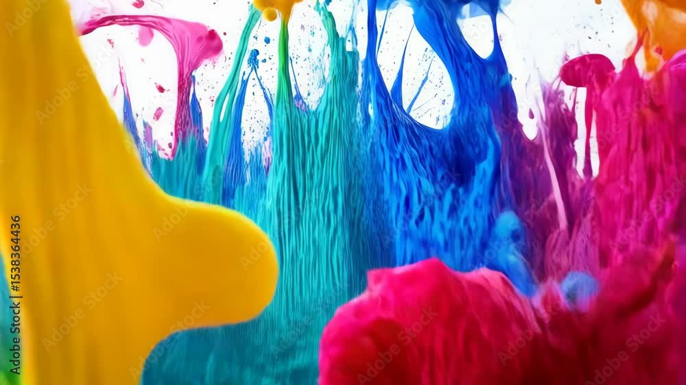 Poster dynamic vibrant splash of mixed colorful paints creating an abstract explosion pattern, vivid rainbo