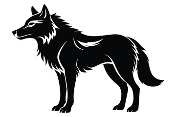 Majestic black wolf with flowing fur stands alert in a striking monochrome silhouette