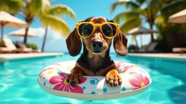 Dachshund dog with sunglasses floating on inflatable ring in swimming pool with clear water. Summer vacation and holiday concept. Footage.