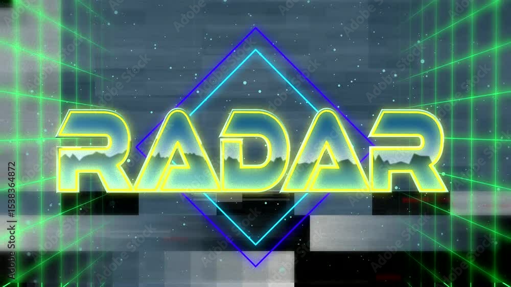 Aufkleber animating neon-yellow radar letters solidifying and diamond scaling in sci-fi void with grid planes