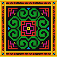 Colorful background with abstract Hmong embroidery cross stitch lanna oriental seamless pattern .