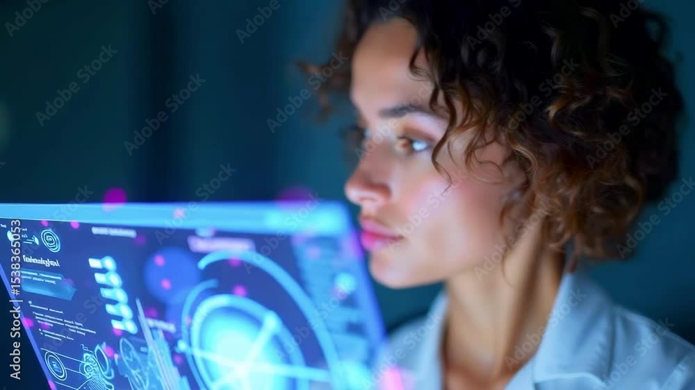 Poster female scientist analyzing digital data on a futuristic screen in a high-tech laboratory setting (1)