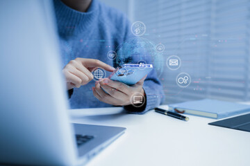 Digital transformation technology strategy, Person using laptop, tablet and smartphone with of things. transformation of ideas and the adoption.