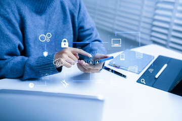 Hand touching secure access service edge icon on smartphone virtual screen background, password,...