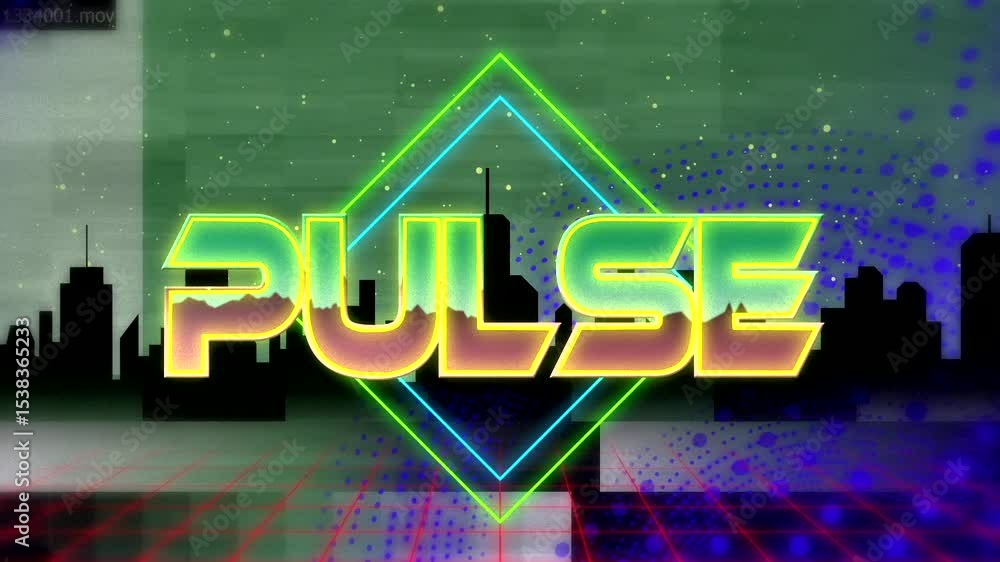 Poster first glow hinting neon text pulse animating with diamond over city scene for title sequence