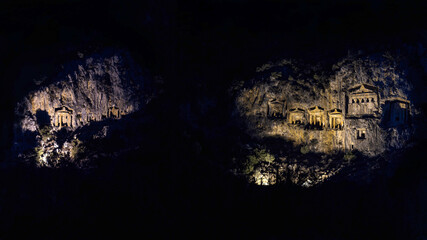 Night view of the Caunos King Tombs, Lycian type rock tombs built by the ancient Carian civilization. The tombs were built high by the Caunos Kings in the 4th century BC to be closer to God