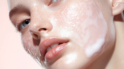 Fototapeta premium Close-up of foaming face cleanser on cheek, long glowing skin – perfect for skincare and cosmetic product ads
