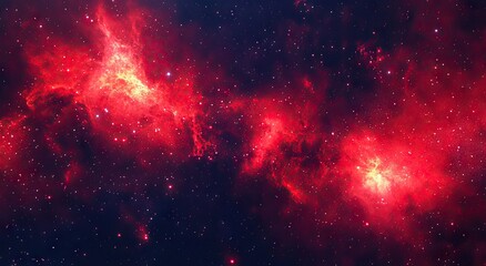 A vibrant display of red nebulae and distant stars in the cosmos.