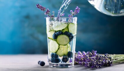 refreshing infused water with blueberries cucumber slices lavender sprigs and ice cubes being poured in a glass