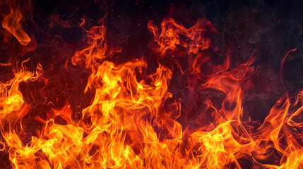 Flames in vivid detail with black background, representing fire, energy, destruction, danger, or dramatic backdrops for emergency or cinematic themes
