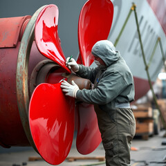 Worker paints metal of ship propeller red color at shipyard in port of Moscow. Repair and reconstruction of sea vessel. Outdoor work. Technology of manual painting boats. Industry of water transport.