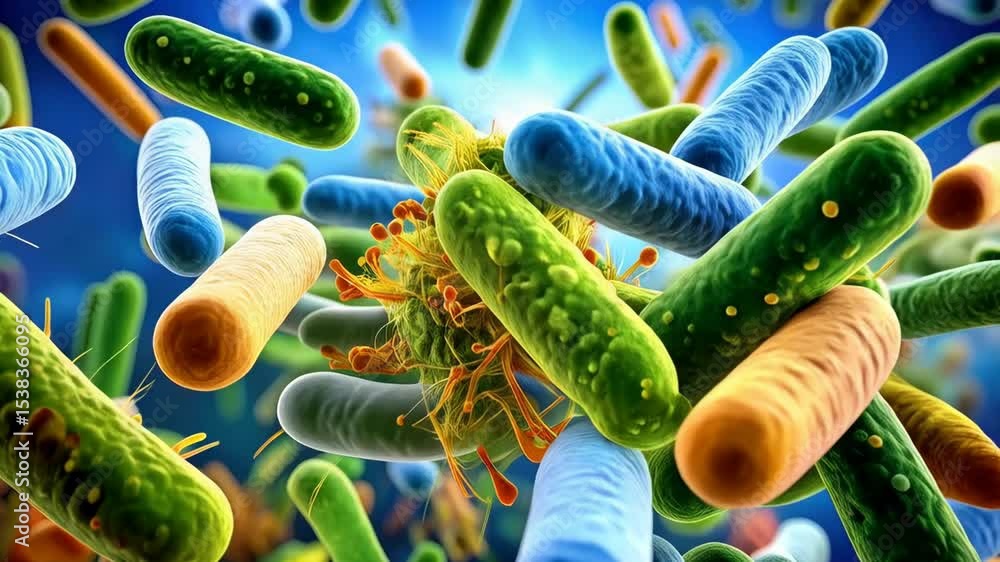 Poster numerous colorful bacteria and microbes in a vibrant microscopic environment floating with intricate