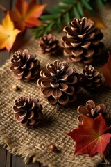 Glossy pine cones arranged on burlap, rustic autumn feel, rustic, burlap, macro