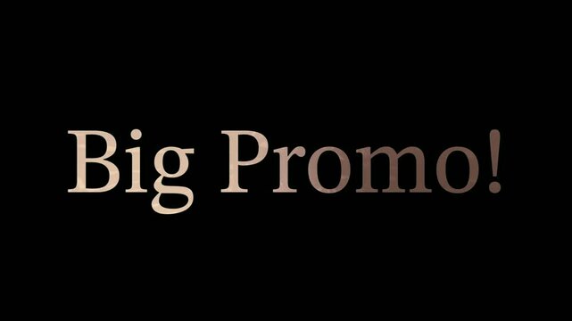 Short promo footage with "Big Promo!" in metallic serif text rotating and zooming into center over a black background. Smooth animation and glossy gold-to-bronze gradient give it a premium feel.