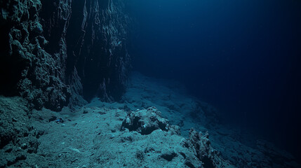 Underwater Ocean Floor With Blue Light, Silent Marine World With Dark Deep Sea Environment and Subaquatic Exploration Concept