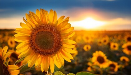 Obraz premium bright sunflower in focus against a blurred field of blooming sunflowers under warm sunlight a symbol of summer joy and agriculture