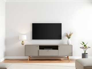 Modern Living Room Interior Mockup with TV Cabinet, Lamp, Table, and Indoor Plants