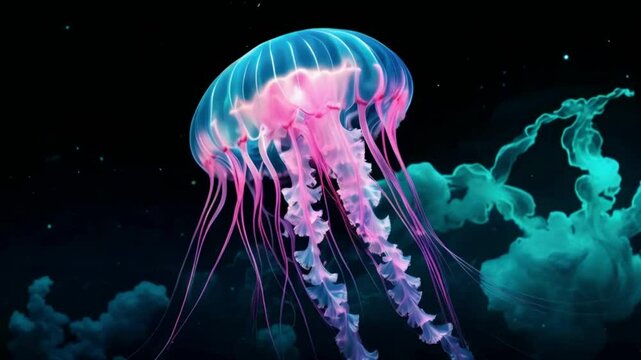 Celestial Jellyfish Teal and Pink Aurora with Ocean Depths in Double Exposure, Black Background HD.