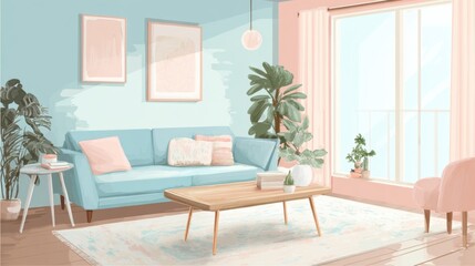 Bright and Cozy Living Room with Pastel Colors and Indoor Plants