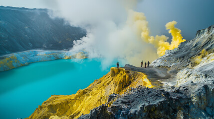 Tourists Observing Sulfur Crater at Ijen Volcano, Indonesian Travel Destination with Toxic Gas Emission, Acidic Lake, and Unique Geothermal Landscape Attraction