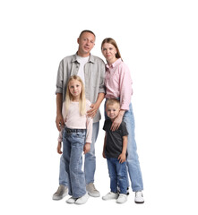 Full length portrait of family on white background