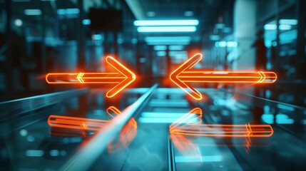 Two glowing arrows converging into one on a sleek glass table, symbolizing business merger, partnership, collaboration, and strategic alliance concepts.