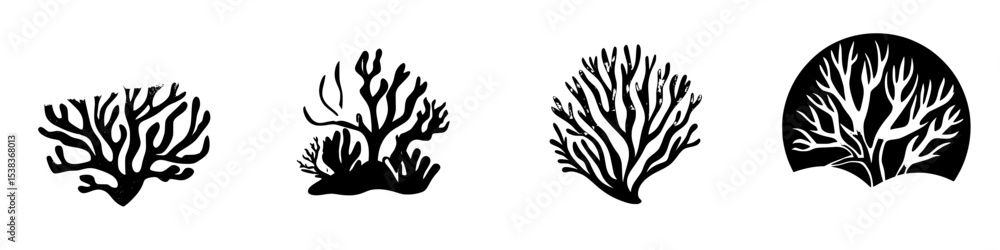 Poster set of black coral icons showcasing different coral shapes and forms in a minimalist design suitable