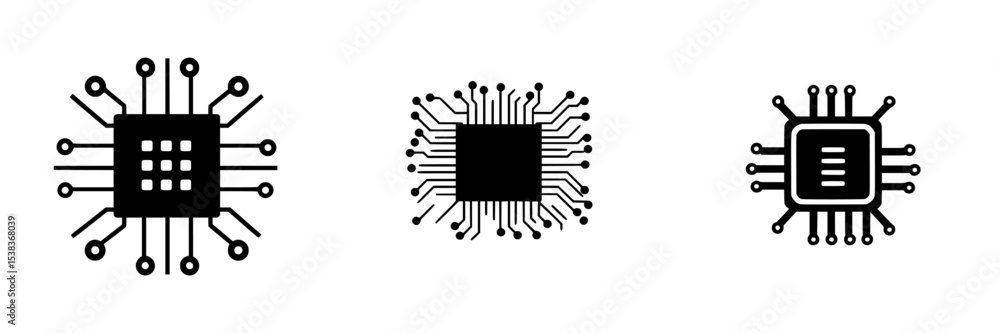 Poster black icons representing three different types of computer chips with various circuit designs and st