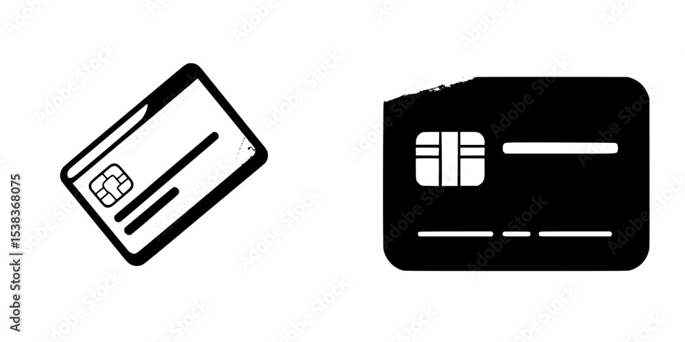 Poster set of black icon representing different types of credit or debit cards with minimalist design featu