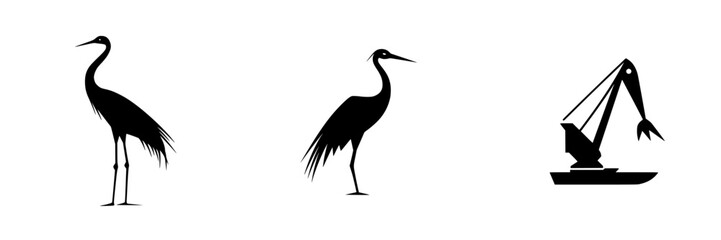 Fototapeta premium Set of black icon silhouettes featuring cranes and a construction crane against a white background