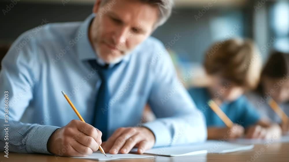 Aufkleber an educator evaluates student assignments amidst a lively classroom setting.