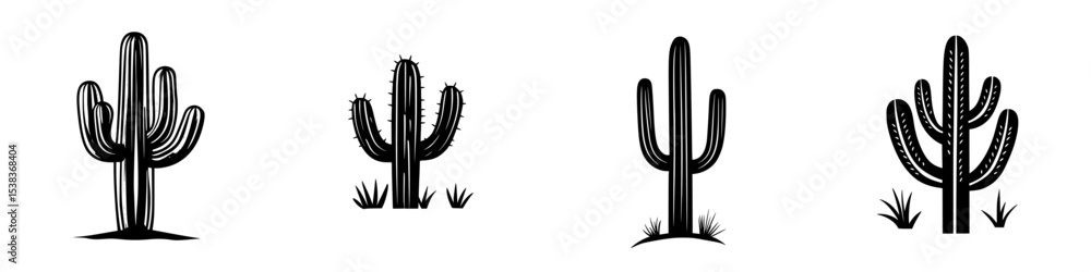 Poster black icon set featuring various cactus designs with distinct shapes and details