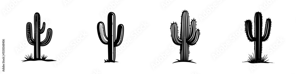 Poster set of black cactus icons suitable for various design projects and artistic works, showcasing differ