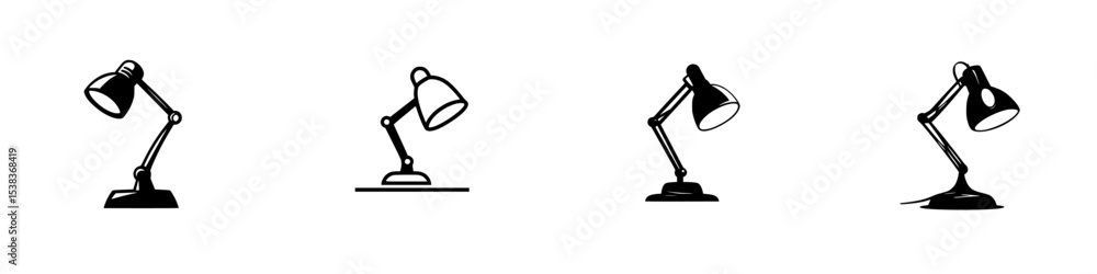 Poster set of black icons showcasing various desk lamp designs with different positions and orientations