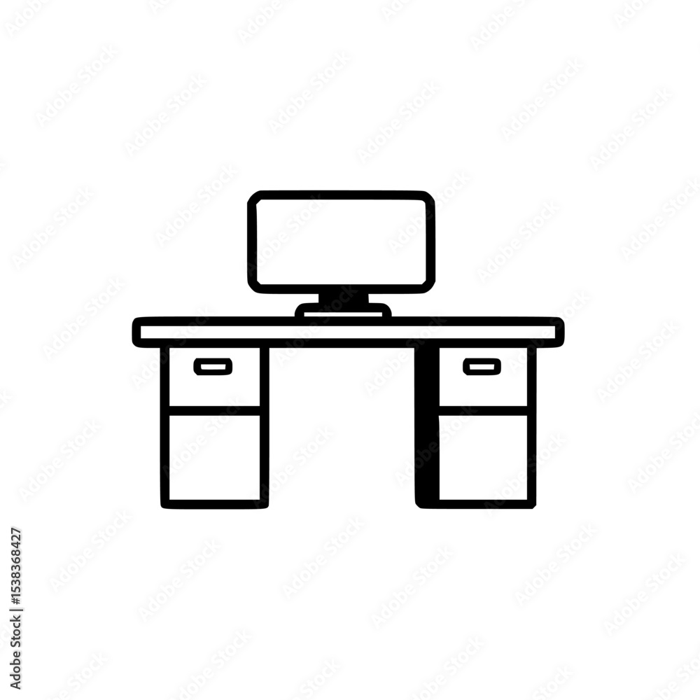Poster stylish black icon depicting a modern desk with a computer monitor and storage drawers