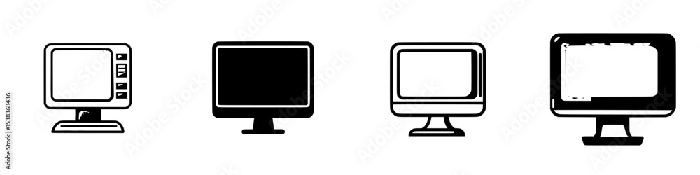 Poster set of four black icons depicting vintage and modern computer monitors in various styles and designs