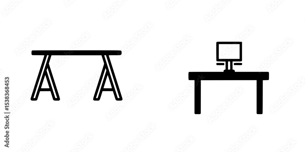 Poster set of black icons depicting a simple table and a desk with a computer monitor illustrating furnitur