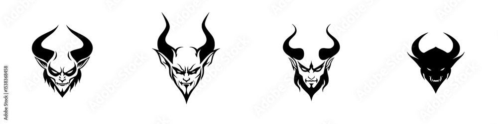 Poster set of four black icons featuring devilish faces with horns and distinct expressions designed for gr