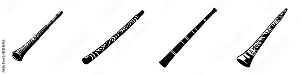 Poster set of four black icons depicting traditional musical instruments designed with intricate patterns f