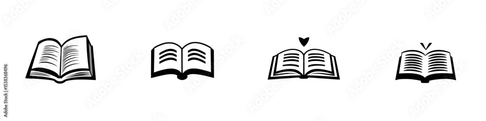 Poster set of black icons representing various open books showcasing differing styles and designs for educa