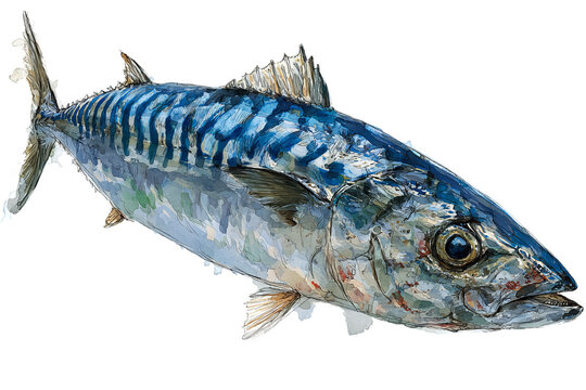 A vibrant illustration showcases the sleek, blue-striped body of a king mackerel fish.
