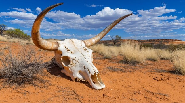 Bleached cattle steer skull resting on cracked dry desert ground under harsh sunlight, symbolizing death, drought, decay, and the arid beauty of desolate barren wilderness landscapes