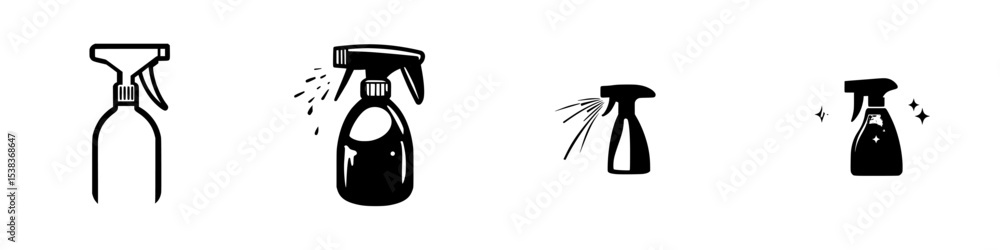 Poster black icon set of spray bottles showcasing various cleaning actions and designs for effective use in