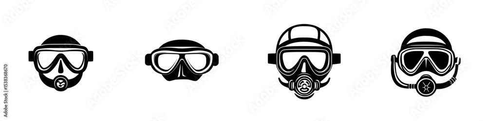 Poster set of four black icons representing different types of diving masks and breathing apparatus used in