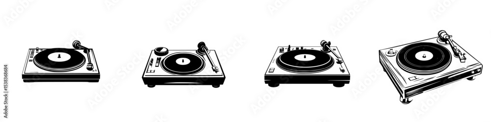Poster set of four black turntables arranged in a line showcasing different styles and designs for enthusia
